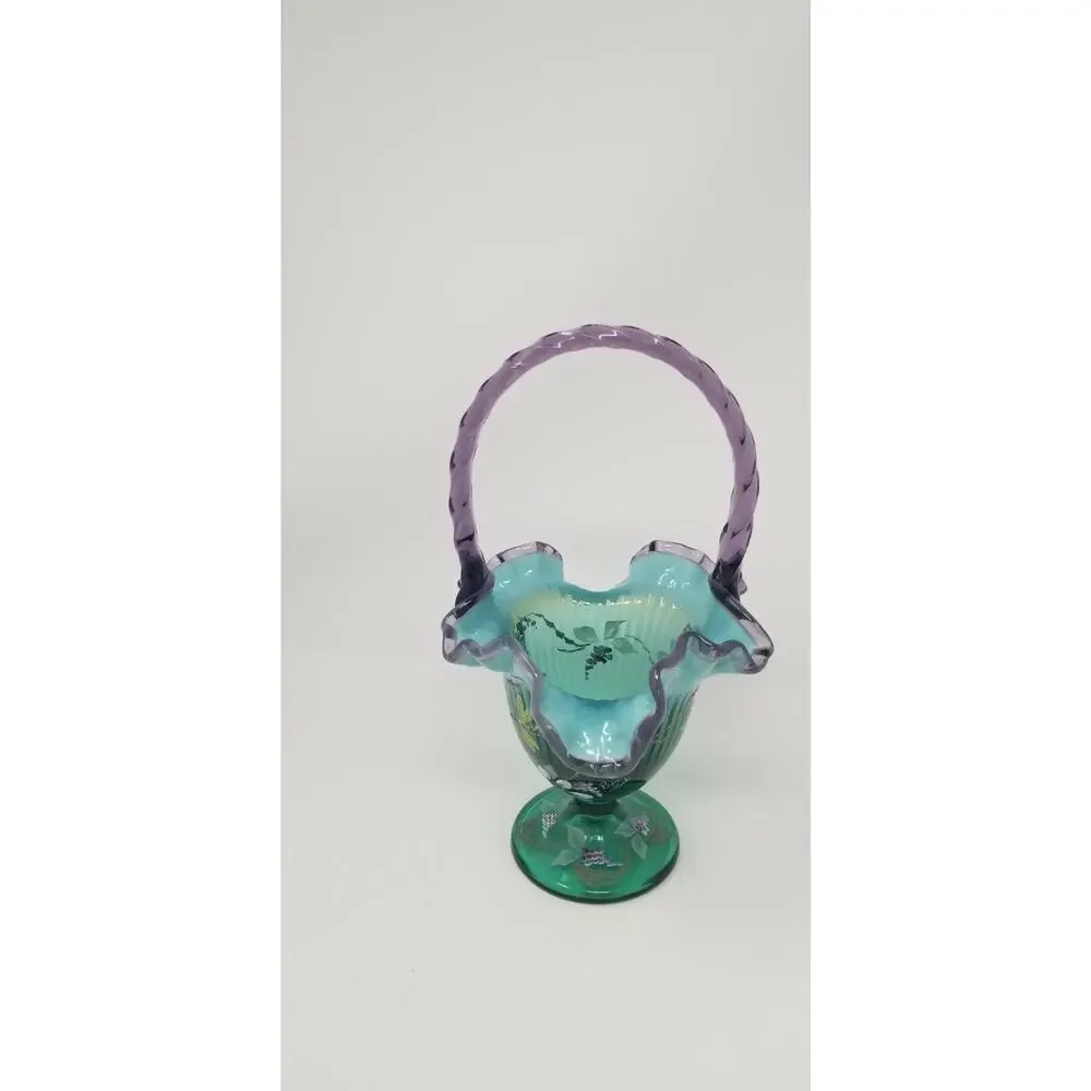 Fenton Glass New Century XXI Spruce Green Purple Dragonfly Basket Signed
